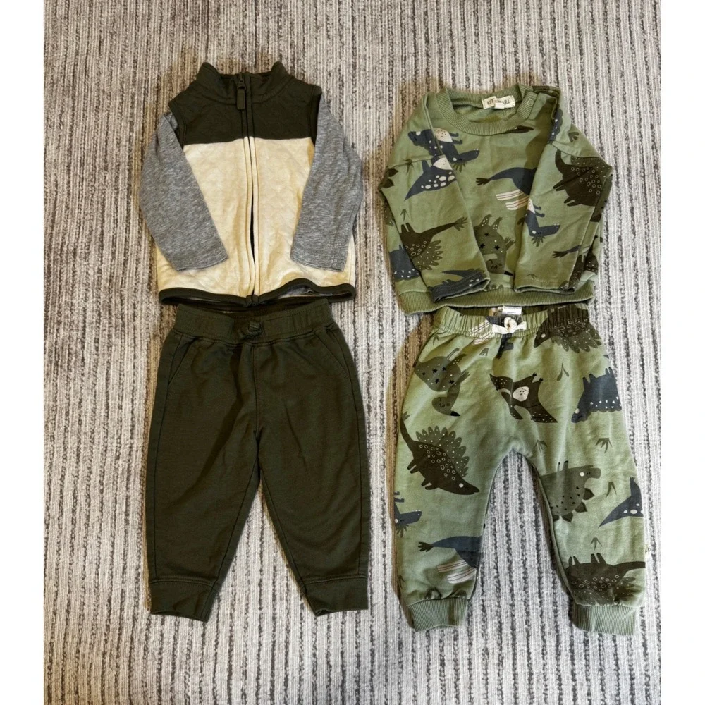 Carters and Kit + Pearl Baby Boy 12M Outfit Bundle Dinosaur Joggers Vest Set